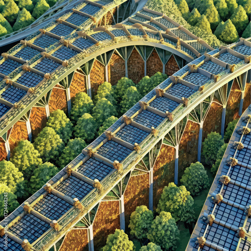Elevated Pathway Through the Canopy: An architectural marvel of elevated walkways winds its way through a lush, verdant forest. Experience the art of nature in motion.