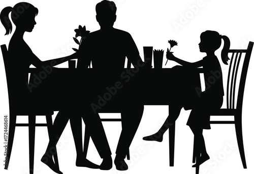 Family silhouette sitting at dining table, parents with child holding flower, happy family time, parenting and togetherness concept illustration