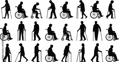 Elderly silhouettes with walking stick, wheelchair, walker, senior citizens, disability aid, mobility support, healthcare, aging population, rehabilitation, medical assistance illustration