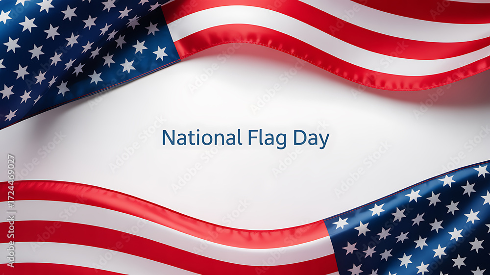 Fototapeta premium American flag waving with text 'National Flag Day' on a white background