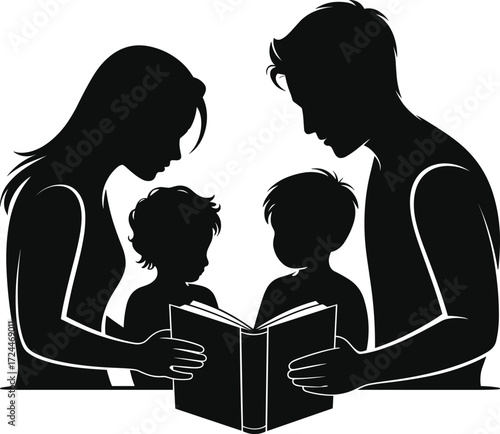 Family silhouette reading book together, parents with children enjoying story time, parenting, education, and family bonding concept illustration