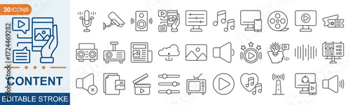 Content outline icon set collection. Music, camera, microphone, webcam, earphones, cinema, television, and more. Editable stroke. vector illustration eps 10