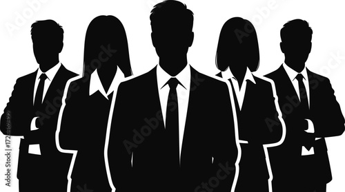 Silhouette of business team in formal suits, corporate group leadership, teamwork, partnership, professional workforce, company staff illustration