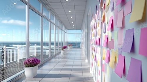 Bright Hallway with Colorful Sticky Notes and Ocean View Featuring White Walls Tiled Floor and Natural Lighting in Cinematic High Dynamic Range