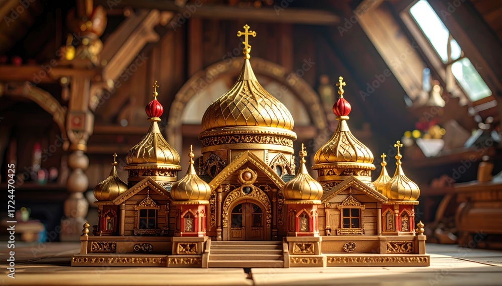 Obraz premium Intricately carved, wooden model of a Russian Orthodox church, bathed in warm light amidst a wooden interior. Elaborate architectural details abound