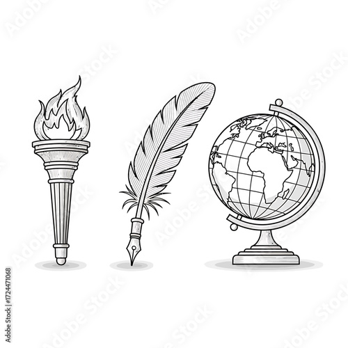 A collection of monochrome hand-drawn symbols representing education and discovery