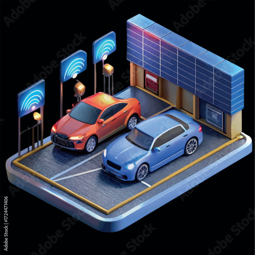 Smart Parking Space: A futuristic rendering of an advanced parking space equipped with cutting-edge technology, with two cars parked.