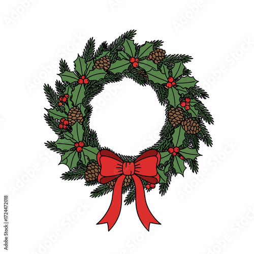Festive Christmas Wreath Illustration Holiday Decoration with Holly Berries and Pine Cones
