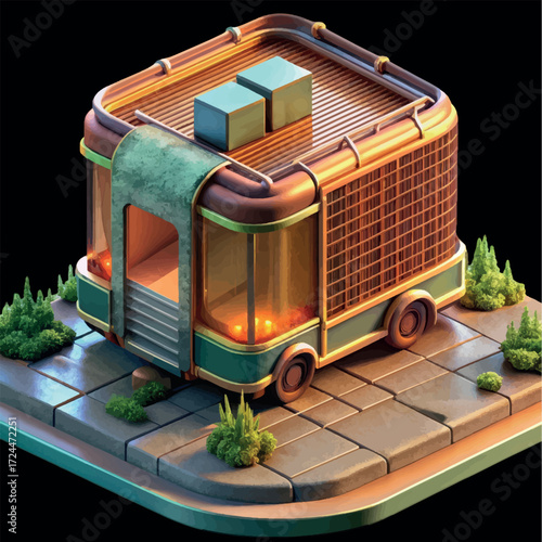 Isometric Storefront: A charming, isometric storefront design features intricate architectural details, including vibrant lighting, inviting entryways, and artful landscaping.