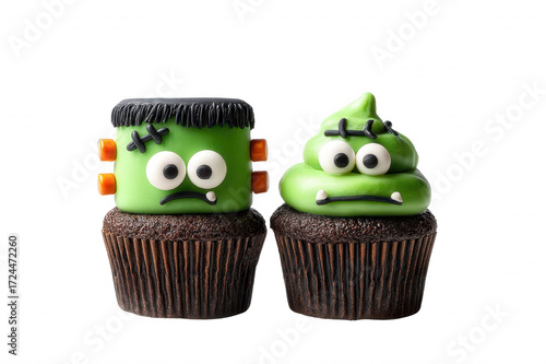 Green monster cupcake chocolate cupcake spooky dessert Halloween treat fondant decoration googly eyes buttercream frosting isolated transparency background party food cute design with playful charm
