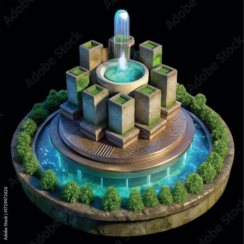 Elegant Fountain Design: An artistic, layered fountain design featuring cascading water features, integrated with greenery, and bathed in a calming aesthetic. 