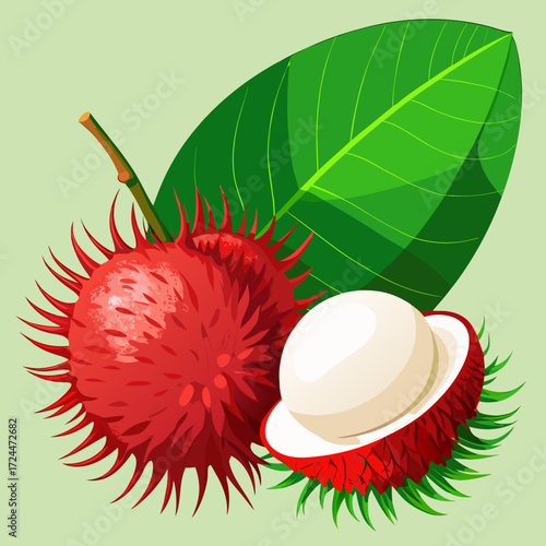 A spiky red rambutan fruit next to one that is peeled, revealing the translucent white flesh and large seed. On a green tropical leaf background, exotic and juicy concept.