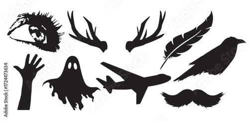 vector illustration silhouette of random things ghost, airplane, horn, etc