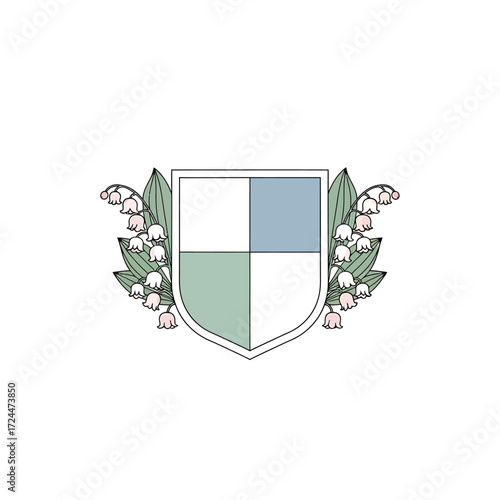 Elegant heraldic shield emblem quartered with blue and green, framed by lily of the valley flowers