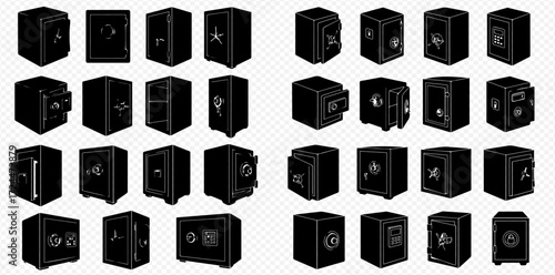 A comprehensive collection of diverse black and white safe boxes, featuring various locking mechanisms and designs for security.