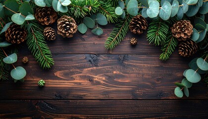 Christmas border pine branches, eucalyptus leaves, & pine cones arranged on dark wood plank background leaving central space