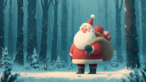 Whimsical illustration of cheerful Santa Claus standing in snowy forest, surrounded by tall trees. He carries large bag filled with gifts, embodying spirit of Christmas joy and wonder