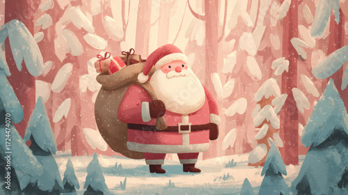 Cheerful illustration of cute Santa Claus standing in snowy forest, carrying big bag filled with gifts. scene is filled with whimsical trees and magical winter atmosphere