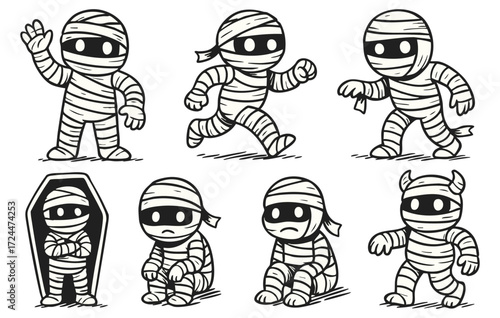 Cute Cartoon Mummy Character Collection in Various Poses Isolated on Transparent Background, Generative AI