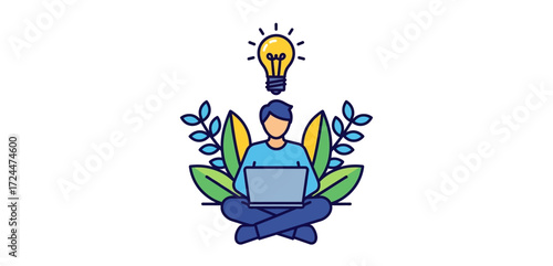 bright idea concept creative professional sitting cross-legged with a laptop and a lightbulb above illustrating inspiration and innovation