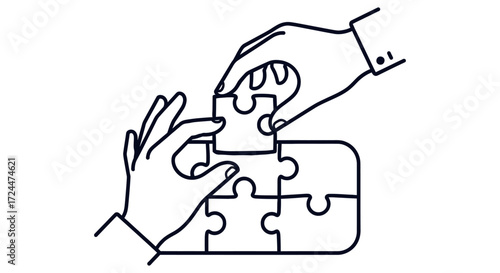 building a puzzle together depicting teamwork and collaboration as two hands work to complete the puzzle symbolizing synergy and problem-solving success