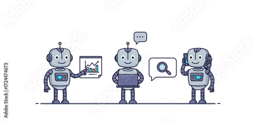 business automation robots presenting data working on laptops answering phones perfect for illustrating ai digital transformation or cloud computing.