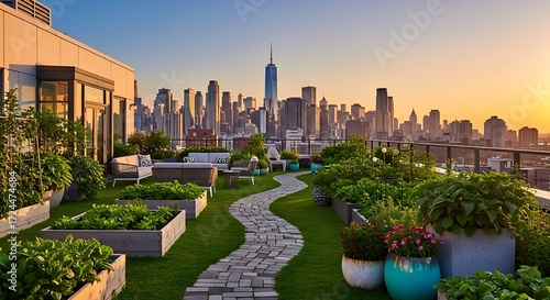 Wallpaper Mural Serene rooftop garden with lush greenery and a charming stone path, offering a breathtaking vista of a dynamic city at dusk Torontodigital.ca