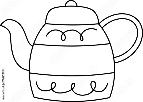Tea Kettle Vector Illustration. Simple Outline Apple Coloring Page.