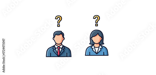 Business question unsure businessman and businesswoman with question marks representing uncertainty seeking guidance suitable for business and education.