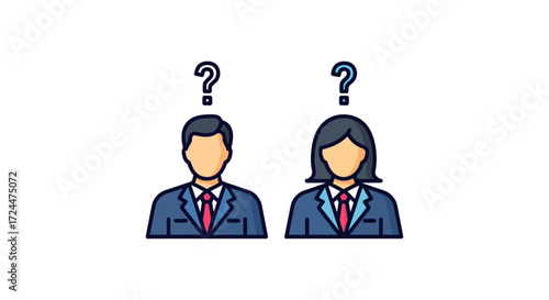 Business questions man and woman in suits with question marks depicting uncertainty in business perfect for illustrating decision-making and job search.