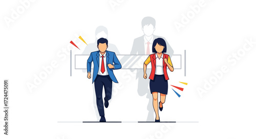 Business race to the finish line man and woman sprinting achieving success in competitive business ideal for corporate growth campaigns.