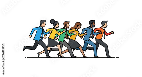 business team running forward together demonstrating corporate leadership and competitive advantage in a race to success on white background