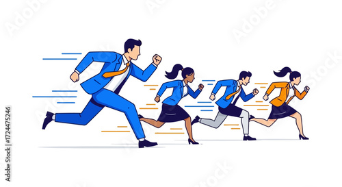 Business team running in a race striving for corporate success competing in a competitive market showcasing teamwork and ambition in business.