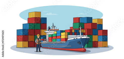 Cargo ship with shipping containers and port worker inspecting manifests illustrating global trade transportation and logistics perfect for business presentations.