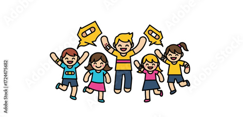 cheerful kids showing off their bandages excited about healthcare perfect for medical campaigns focused on youthful wellness and childhood vaccinations.