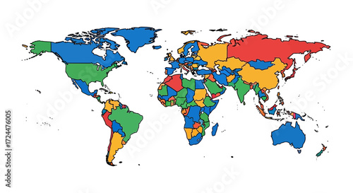 Colorful world map showing global geography continents countries and regions highlighting diverse regions and international boundaries perfect for educational use.