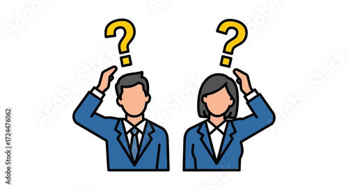Confused business people thinking uncertain colleagues in suits scratching their heads pondering problems for corporate presentations.