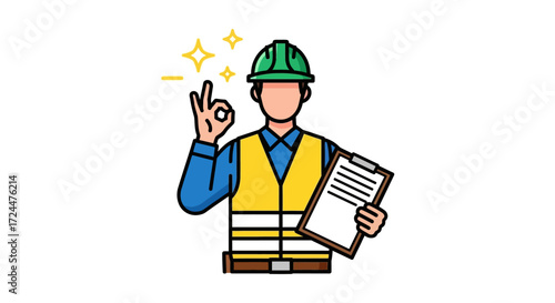 Construction worker giving okay sign holding clipboard wearing hard hat and safety vest for projects needing quality control or compliance checks.
