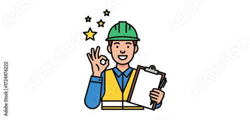 Construction worker giving okay sign with clipboard perfect for site safety manuals and inspection checklists promoting reliability and successful builds.