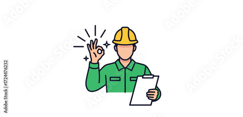 Construction worker okay gesture inspector with clipboard giving approval perfect for illustrating building safety and positive workplace compliance.