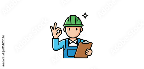 Construction worker giving okay sign while holding clipboard surveying site conditions illustrating project approval and building efficiency.