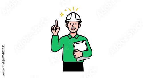 Construction worker pointing upward indicating an idea while holding clipboard for project planning a concept of solutions  innovation