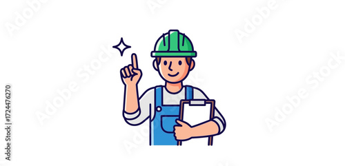 Construction worker with an idea holding a clipboard perfect for showcasing project management in the building and safety industry.