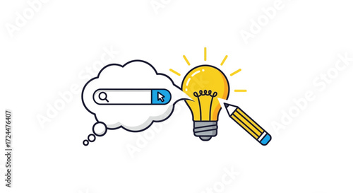 creative search idea finding inspiration with a search bar in a thought bubble leading to a lightbulb drawn by a pencil for content creation