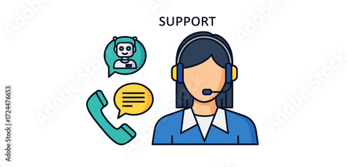 customer support represented by a female agent a chatbot and a telephone icon providing communication solutions and assistance online