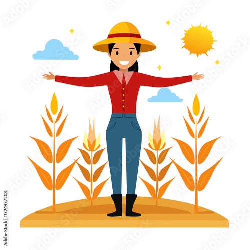 Smiling female farmer character standing in a vibrant wheat field, celebrating a successful harvest on a sunny day