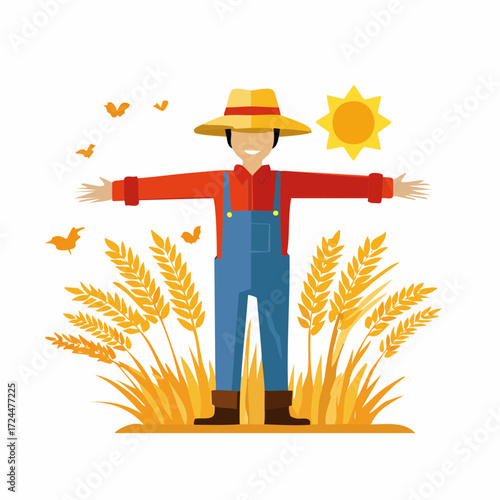 Cheerful agricultural worker celebrating a bountiful harvest in a sunny golden wheat field with birds, a flat design vector illustration