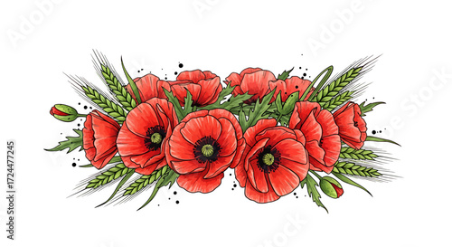 Floral Arrangement of Red Poppies and Wheat Ears for Remembrance and Elegance