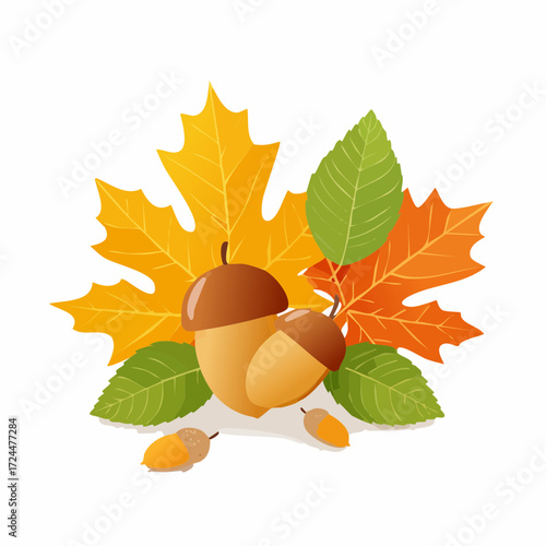 Vibrant autumn composition featuring golden maple leaves, fresh green foliage, and ripe acorns, symbolizing the beauty and abundance of the fall season