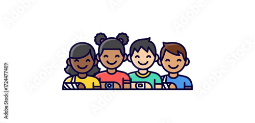 diverse children with arm casts and smartwatches smiling happily together promoting themes of friendship and childhood innocence perfect for injury recovery campaigns